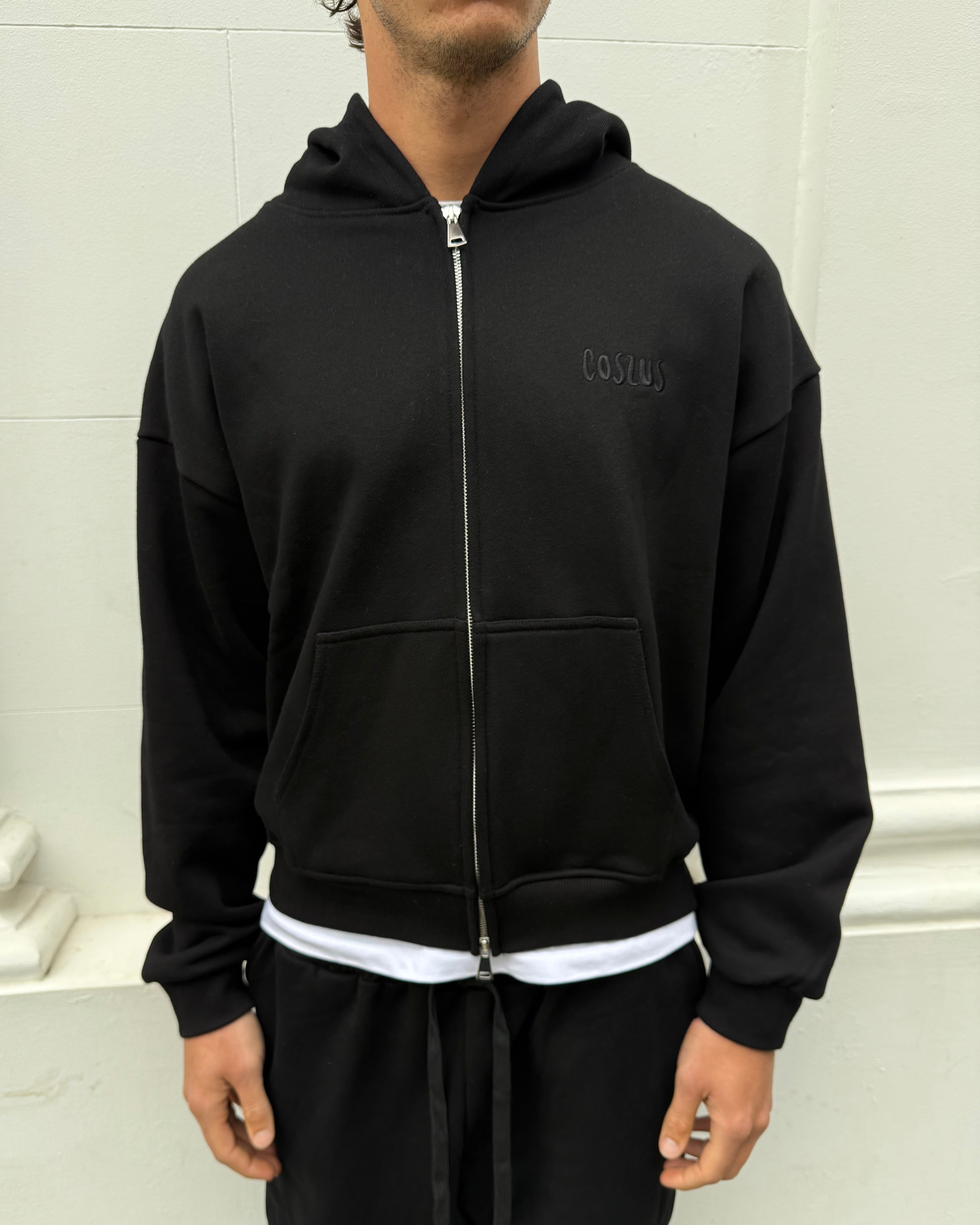 Coszus Embroidered Black Zip-Up Hoodie